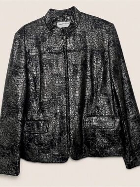 Alfred Dunner Black Croc-Embossed Zip-Front Black/silver Metallic Jacket - S.12
